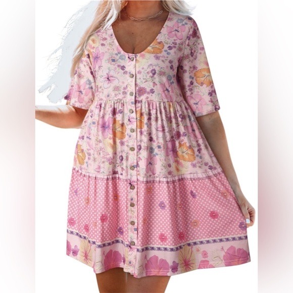 Dresses & Skirts - Floral Mixed Print Button-Down Dress